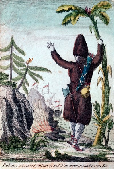 Robinson Crusoe macht ein Feuer, um auf seine Insel aufmerksam zu machen, Imagerie Basset (Farbgravur) von French School