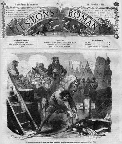 Roman: „Notre Dame de Paris“ von Victor Hugo. Ein Mann zieht zwei Frauen über das Pflaster. Gravur in „Les bons romances“ von French School