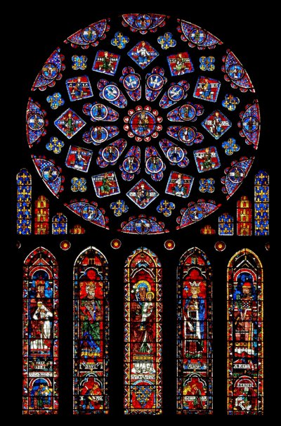 Rosettenfenster, das Könige und Propheten um die Jungfrau Maria und das Jesuskind darstellt von French School