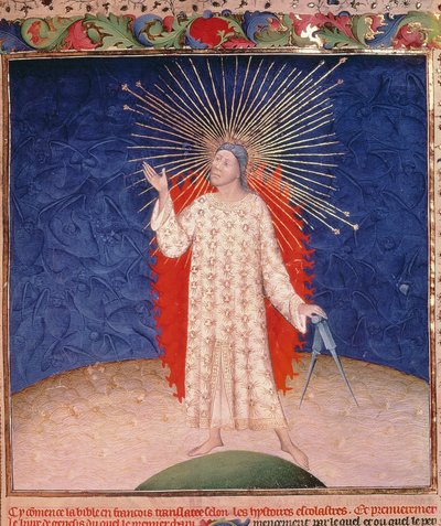 Gott umgeben von Feuer mit einem Paar Zirkel, aus der Bible Historiale von Guyart des Moulins, ca. 1411 von French School