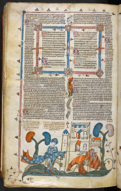 Szene eines Ritters, der einen anderen vor einer Burg vom Pferd stößt, ca. 1300-40 von French School