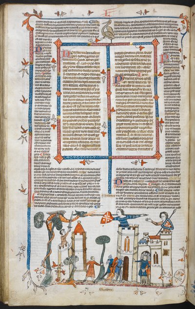 Szene eines Drachen, der eine Burg angreift, ca. 1300-40 von French School