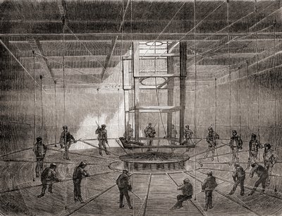 Matrosen und Arbeiter wickeln das transatlantische Telegraphenkabel in den Bilgetanks der S.S. Great Eastern auf von French School