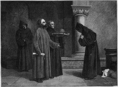 Heiliger Bonaventura (Giovanni di Fidanza, bekannt als Doctor Seraphique, San Bonaventura) (1221-1274) erhält den Kardinalshut. Er wurde 1273 von Gregor X. zum Kardinalbischof von Albano geweiht. Gravur von Bauchart nach einem Gemälde von Santar. von French School