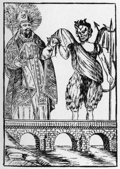 Der heilige Cado (oder Cadoc oder Catuod oder Catoc oder Cazut oder Cadochus), legendärer christlicher Heiliger, gibt dem Teufel eine Katze im Austausch für den Bau einer Brücke - Volksbilder Perret von French School