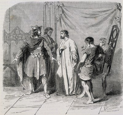 Saint Eloi und Dagobert: Dagobert war erstaunt, als Eloi ihm den zweiten Sessel vorstellte - Gravur 19. Jahrhundert von French School
