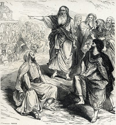 Samuel zeigt den Israeliten die Gefahren eines Königs, Gravur von Lahure, 19. Jahrhundert, Privatbesitz von French School