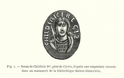 Siegel von Childerich I., Vater von Clovis, nach einem Abdruck in einem Manuskript der Bibliothek Sainte-Geneviève (Gravur) von French School