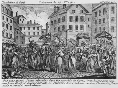 Szene des Plünderns in Paris, 14. September 1792 von French School