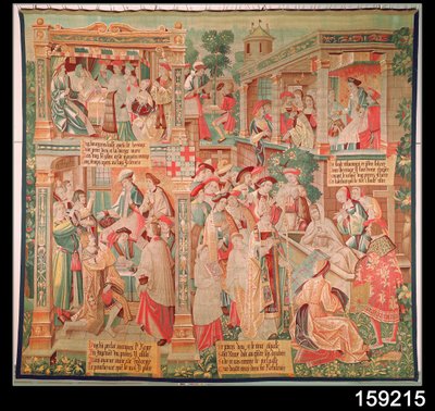 Szenen aus dem Leben des hl. Remigius (gest. 533), Bischof von Reims: Das Wunder des Testaments des reichen Mannes und die Auferstehung eines Toten, 1531 von French School