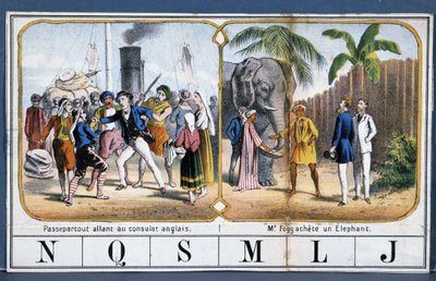 Szenen mit Passepartout und Phileas Fogg in Indien, Ill. aus dem Spiel „Die Weltreise“ von Jules Verne, n.d. späte 19. Jahrhundert. von French School