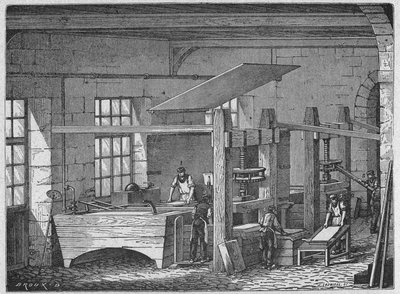 Wissenschaft. Papierherstellung. Handgeschöpftes Papier. Gravur in: Grands hommes et grands faits de l