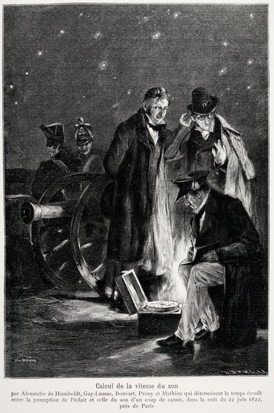 Wissenschaftliches Experiment: die Berechnung der Schallgeschwindigkeit, von Humboldt, Louis-Joseph Gay-Lussac (Louis Joseph Gay Lussac), Bouvard, Prony und Mathieu, die die Zeit bestimmen, die zwischen der Wahrnehmung des Lichts und dem eines Gewehrschuss von French School