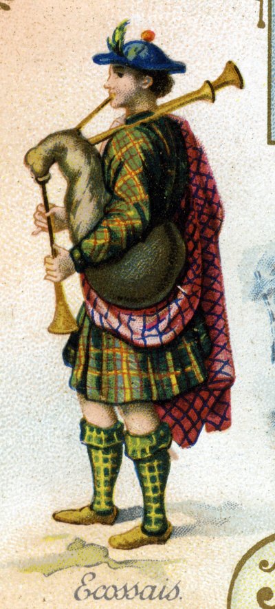 Schottischer Mann. Ausgabe der Pariser Lithografie, Ende des 19. Jahrhunderts. Serie von 25 Werbechromos für die Dijon-Fabrik von Biscuits Pernot, gegründet 1869. (Detail) der Figuren in traditioneller Tracht von French School