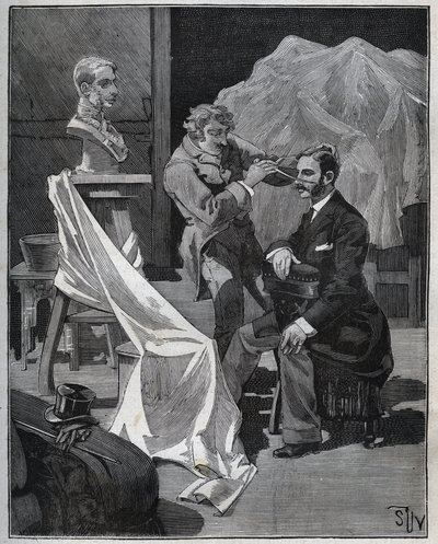 Bildhauerei, Werkstatt eines Bildhauers, Fokus und Skulptur einer Büste. Gravur von 1880 in „Les arts et métiers illustrés“ von Adolphe Bitard. von French School