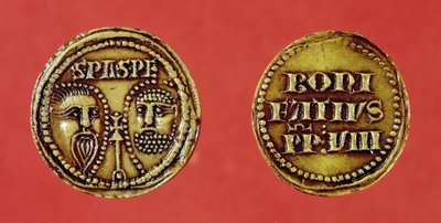Siegel mit den Köpfen von St. Paul und St. Peter, von einer Bulle von Papst Bonifatius VIII., recto und verso, 1295 (Wachs) von French School