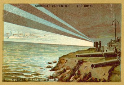 Suchscheinwerfer einer Küstenbatterie beleuchten eine Flotte von Kriegsschiffen, Spanisch-Amerikanischer Krieg von French School