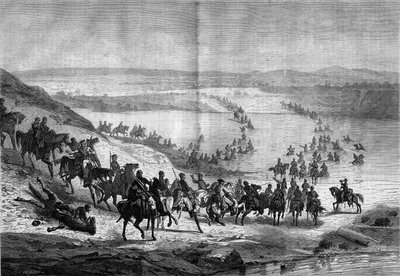Sezessionskrieg (1861-1865) oder Amerikanischer Bürgerkrieg: Überquerung des Potomac durch die Südstaatenkavallerie von General Stuart. Gravur in „Le Monde Illustré“ Nr. 293 vom 22. November von French School