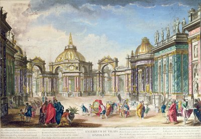 Bühnenbild für das Äußere des Palastes von Apollo, veröffentlicht in Paris, 1748 von French School