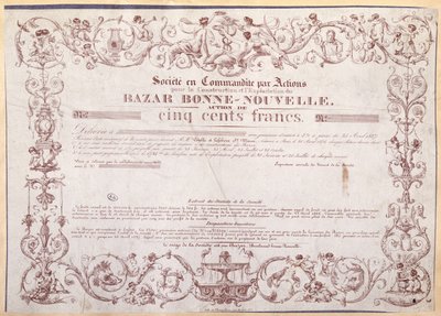 Aktienzertifikat über 500 Francs für den Bazar Bonne-Nouvelle, 1836 von French School