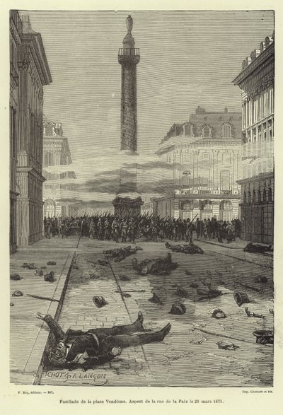 Schießereien auf dem Place Vendome, Paris, Pariser Kommune, 23. März 1871 von French School