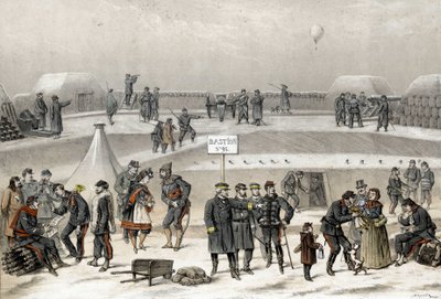 Belagerung von Paris im Jahr 1870 während des Krieges 1870-1871. Die Soldaten bereiten die Verteidigung der Stadt vor: Man sieht einen Soldaten im Bunker. von French School