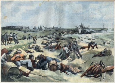 Plünderung eines französischen Schiffs beladen mit Weinen durch die Bewohner der Insel Wight, in "Le Petit Parisien" von French School