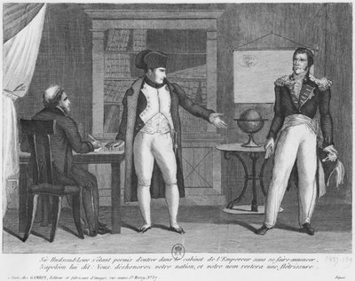 Sir Hudson Lowe betritt das Arbeitszimmer von Napoleon I. (1769-1821) auf der Insel St. Helena ohne Ankündigung von French School