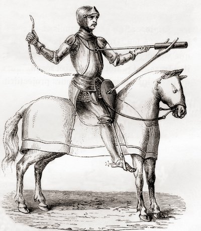 Soldat zu Pferd mit einer Handbombarde, spätes 14. und frühes 15. Jahrhundert, nach einer Zeichnung aus dem Manuskript von Marianus Jacobus, aus Les Merveilles de la Science, veröffentlicht um 1870 (Gravur) von French School