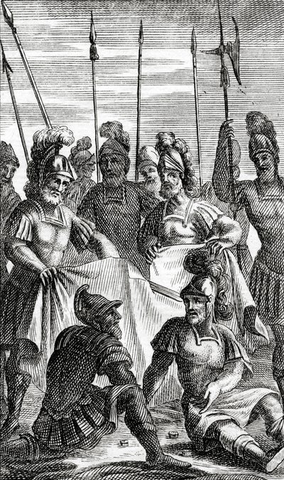 Soldaten werfen Lose um die Kleidung von Jesus Christus (Kupferstich) von French School