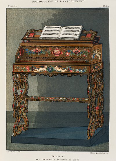 Spinett mit dem Wappen der Prinzessin von Conti, Illustration aus dem Wörterbuch für Möbel und Dekoration, von Henry Havard, Band I von French School