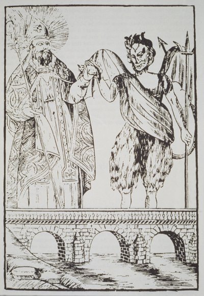 St. Cado und der Teufel, Kopie eines populären französischen Drucks, illustriert in einer Geschichte der Magie, veröffentlicht Ende des 19. Jahrhunderts von French School