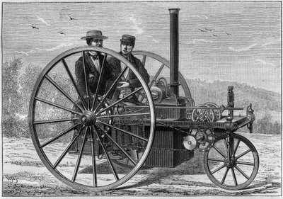 Dampfwagen, Charles Palmers System, angetrieben von einem Kessel, bis zu einer Geschwindigkeit von 10 bis 12 Kilometern pro Stunde. Gravur in „La Nature. Revue des sciences et de ses applications aux arts et à l