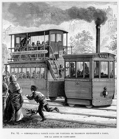Dampfschlepper für erfahrene Straßenbahnwagen in Paris, auf der Saint-Denis-Linie - in „Die neuen Eroberungen der Wissenschaft“ von Louis Figuier von French School