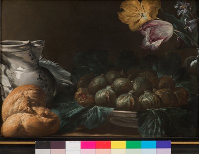 Stillleben mit Feigenteller, Krug, Blumen und Brot, 1740-50 von French School