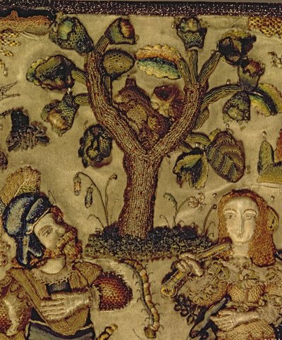 Stumpwork, ein Paar unter einem Baum darstellend, Detail vom Deckel einer Truhe (Seide) von French School