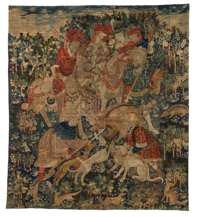 Wandteppichfragment, Darstellung einer Wildschweinjagd, aus Arras von French School