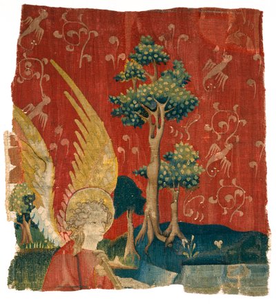 Tapisserie-Fragment, das einen Engel in einer Landschaft darstellt, aus der Apokalypse von Angers von French School