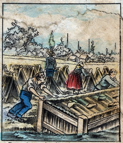 Textil, Leinen. Flachsrost: Um Strohfasern zu trennen, werden Flachsbündel ins Wasser getaucht. Gravur. Epinal-Bild Ende des 19. Jahrhunderts. von French School