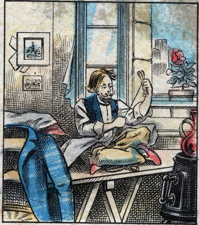 Textil, Leinen. Nähgarn in Stränge geschnitten. Gravur. Epinal-Bildgebung Ende des 19. Jahrhunderts. von French School