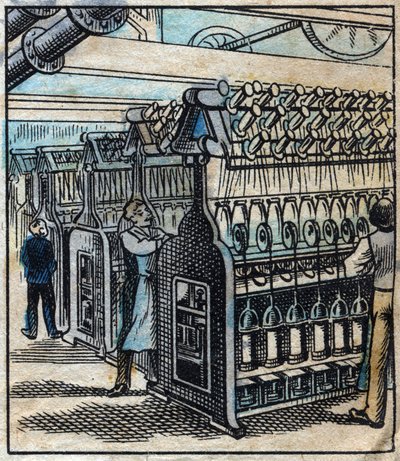 Textilien, Leinen: die Werkstatt. Umwandlung der Bänder in Bohrer und dann in Fäden mit Spinnmaschinen. Gravur. Epinal Imaging Ende des 19. Jahrhunderts. von French School