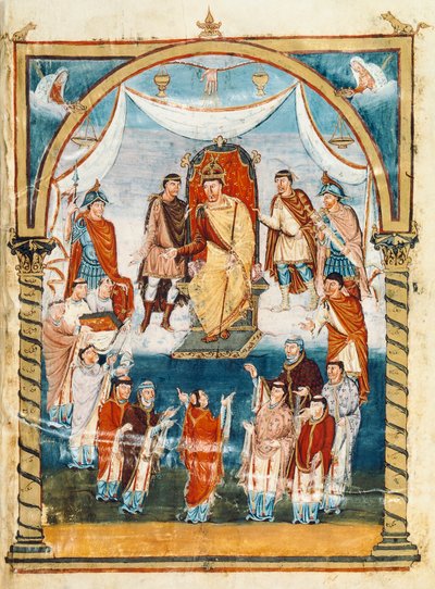 Der Abt Vivian umgeben von Mönchen des St. Martin von Tours, die das Buch Karl II. dem Kahlen präsentieren, 9. Jahrhundert (Miniatur) von French School