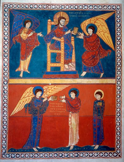 Der Engel erhielt das Buch des Herrn und übergab es dem Heiligen Johannes. Miniatur aus den Kommentaren zur „Offenbarung des Johannes“ geschrieben 775 von dem Mönch Beatus von Liébana von French School