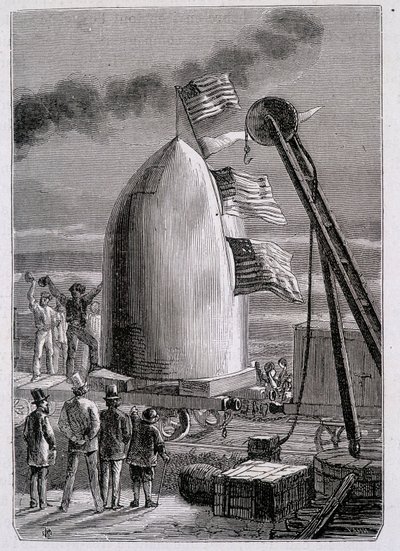 Die Ankunft des Projektils in Stone-Hill - in „Von der Erde zum Mond“ von Jules Verne von French School
