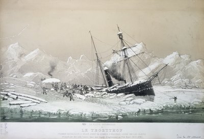 Der österreichische Schraubendampfer Tegetthof im Eis steckend und von Eisbären angegriffen während der Nordpolexpedition 1872-4 von French School
