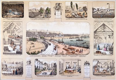 Die Wohltäter der Menschheit, Tafel mit großen Erfindungen, 2. Hälfte des 19. Jahrhunderts von French School