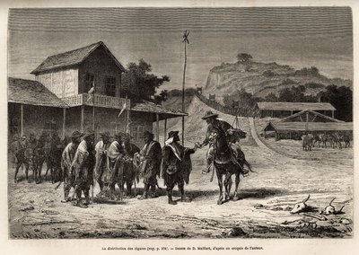 Die Blancos, argentinische Aufständische, die die Provinz Entre-Rios (Entre Rios) gegen die Waffen von Buenos Aires halten, in malerischen Kostümen mit weißen Streifen, erhalten ein wenig Tabak vom Erzähler, während er versucht, ihre Linie zu passieren, um von French School