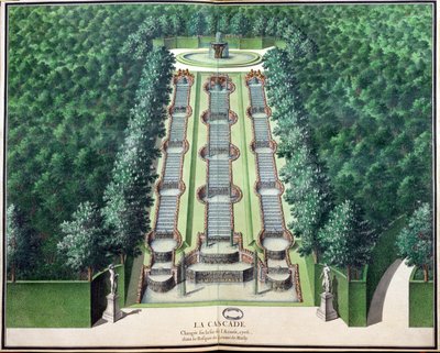 Der Wasserfall, verändert Ende 1706, im Hain auf dem Hügel, aus Gardens of Marly, frühes 18. Jahrhundert von French School