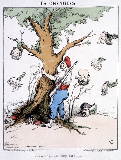 Die Raupen: „Du wirst sehen, es wird keine mehr geben“ (ein Mann mit einer phrygischen Mütze schüttelt einen Baum, von dem großköpfige Raupen fallen: Thiers usw.). Karikatur über die Kommune. von French School