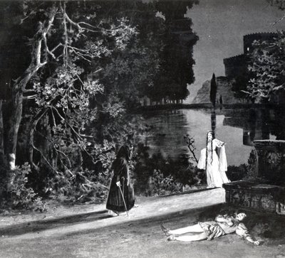 Der Tod von Pelléas, Akt IV, Szene 4 von Pelléas et Mélisande von Debussy, aus einem Foto der ersten Aufführung im April 1902 der Oper an der Opéra-Comique in Paris, Illustration in Theatre Magazine von French School